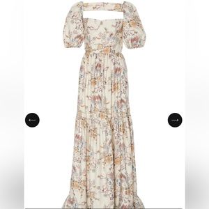 Markarian Maddalena pleated white floral brocade maxi gown.